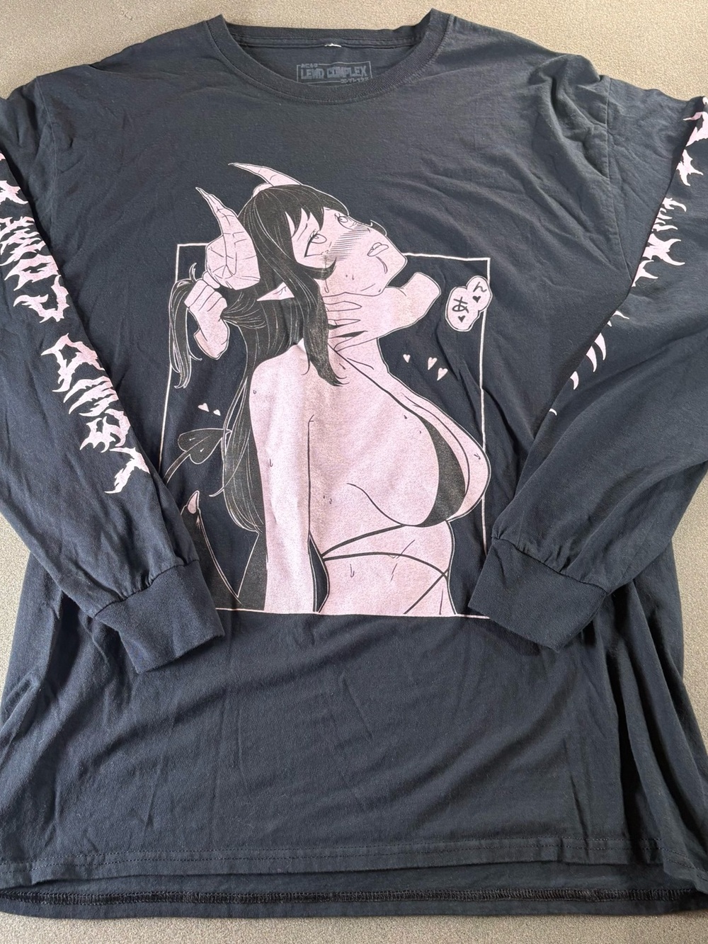Lewd Complex T-Shirt Mens Lg Black Pink Anime Demon Girl Spencer's Otaku Knit